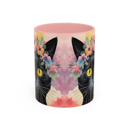 Floral Black Cat 02 Accent Coffee Mug - 11oz Perfect for Cat Lovers & Gifts