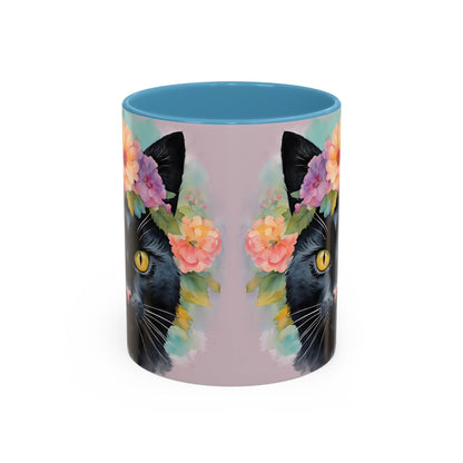 Floral Black Cat 01 Accent Coffee Mug - 11oz Perfect for Cat Lovers & Gifts
