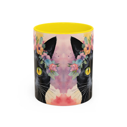 Floral Black Cat 02 Accent Coffee Mug - 11oz Perfect for Cat Lovers & Gifts