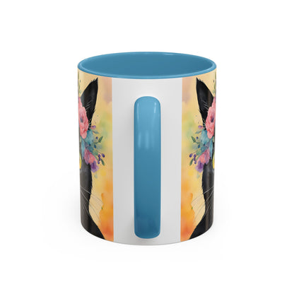 Floral Black Cat 02 Accent Coffee Mug - 11oz Perfect for Cat Lovers & Gifts