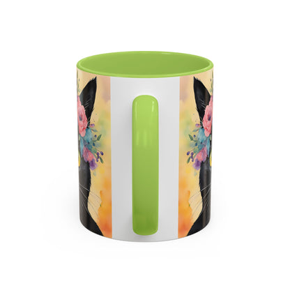 Floral Black Cat 02 Accent Coffee Mug - 11oz Perfect for Cat Lovers & Gifts