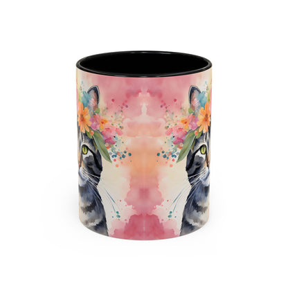 Floral Tabby Cat 02 Accent Coffee Mug - 11oz Perfect for Cat Lovers & Gifts