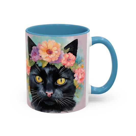 Floral Black Cat 01 Accent Coffee Mug - 11oz Perfect for Cat Lovers & Gifts