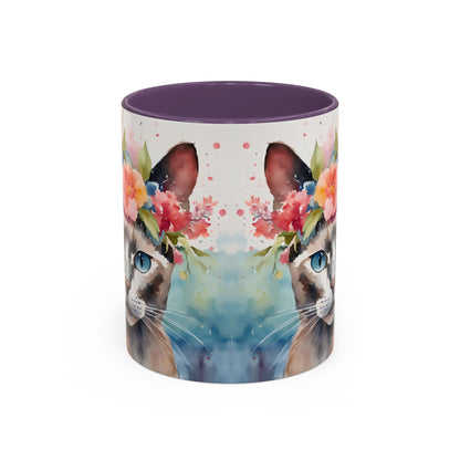Floral Siamese Cat 03 Accent Coffee Mug - 11oz Perfect for Cat Lovers & Gifts