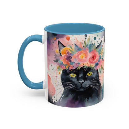 Floral Black Cat 03 Accent Coffee Mug - 11oz Perfect for Cat Lovers & Gifts