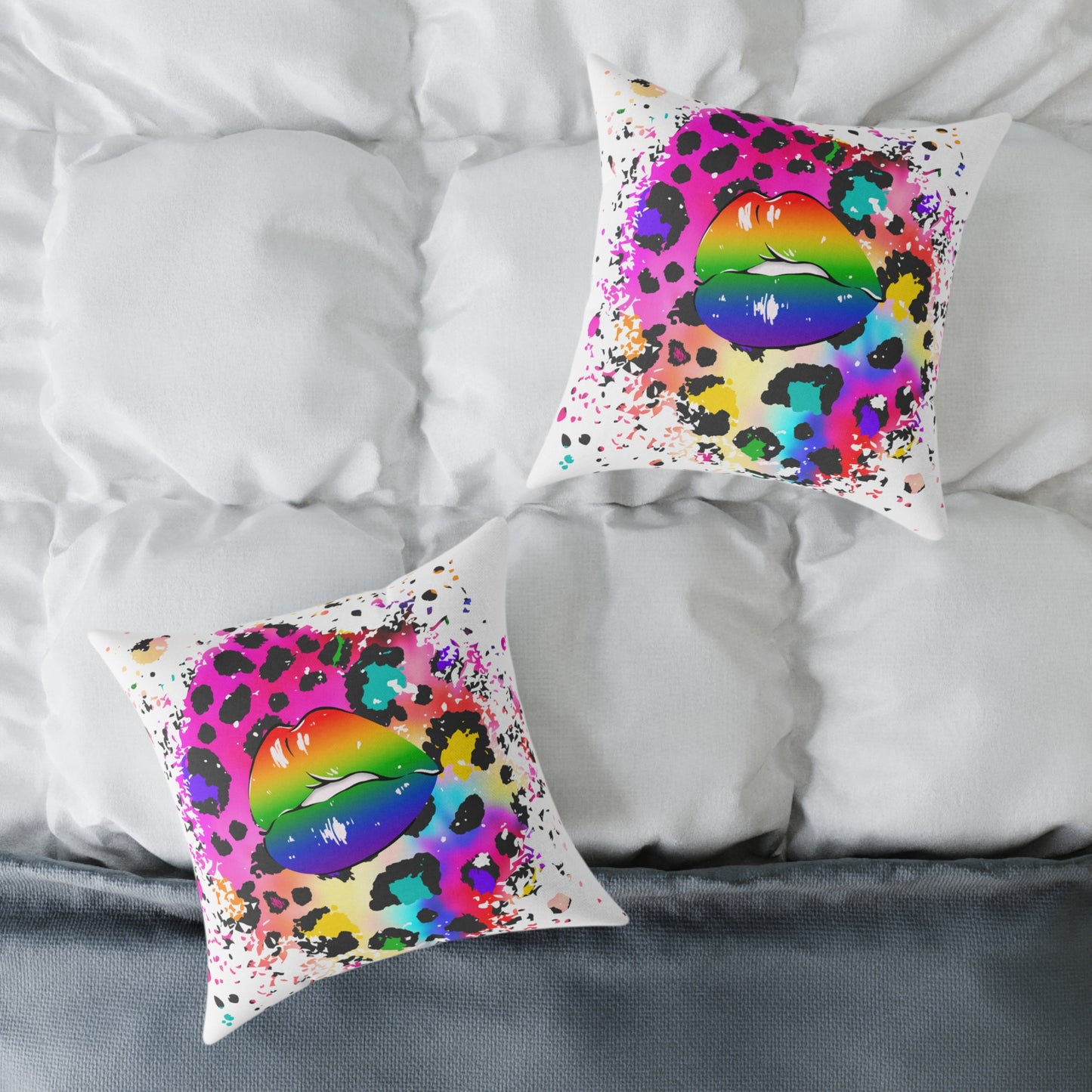 Splash Cheetah Rainbow Lips Poly Pillow