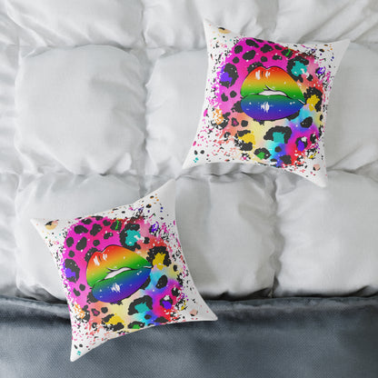 Splash Cheetah Rainbow Lips Poly Pillow
