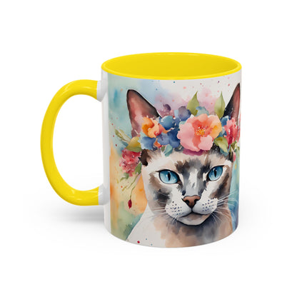 Floral Siamese Cat 03 Accent Coffee Mug - 11oz Perfect for Cat Lovers & Gifts