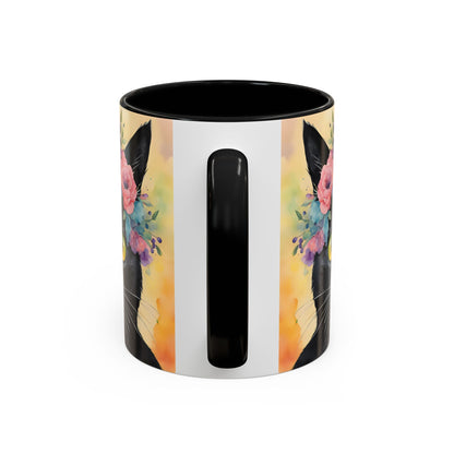 Floral Black Cat 02 Accent Coffee Mug - 11oz Perfect for Cat Lovers & Gifts