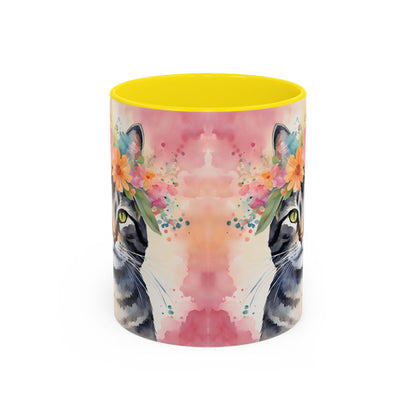 Floral Tabby Cat 02 Accent Coffee Mug - 11oz Perfect for Cat Lovers & Gifts