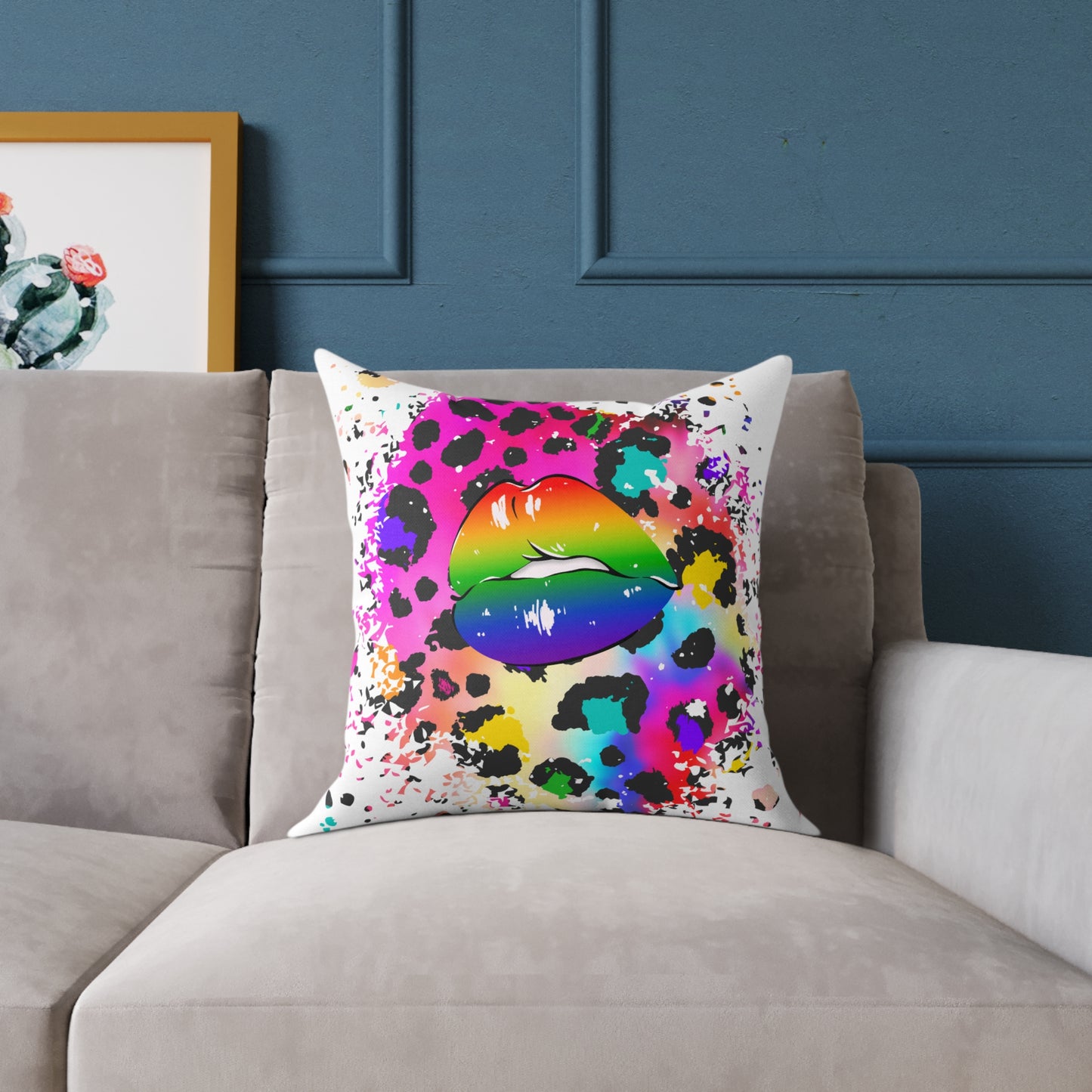 Splash Cheetah Rainbow Lips Poly Pillow