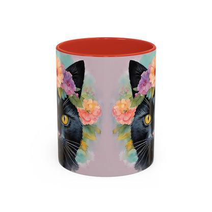 Floral Black Cat 01 Accent Coffee Mug - 11oz Perfect for Cat Lovers & Gifts