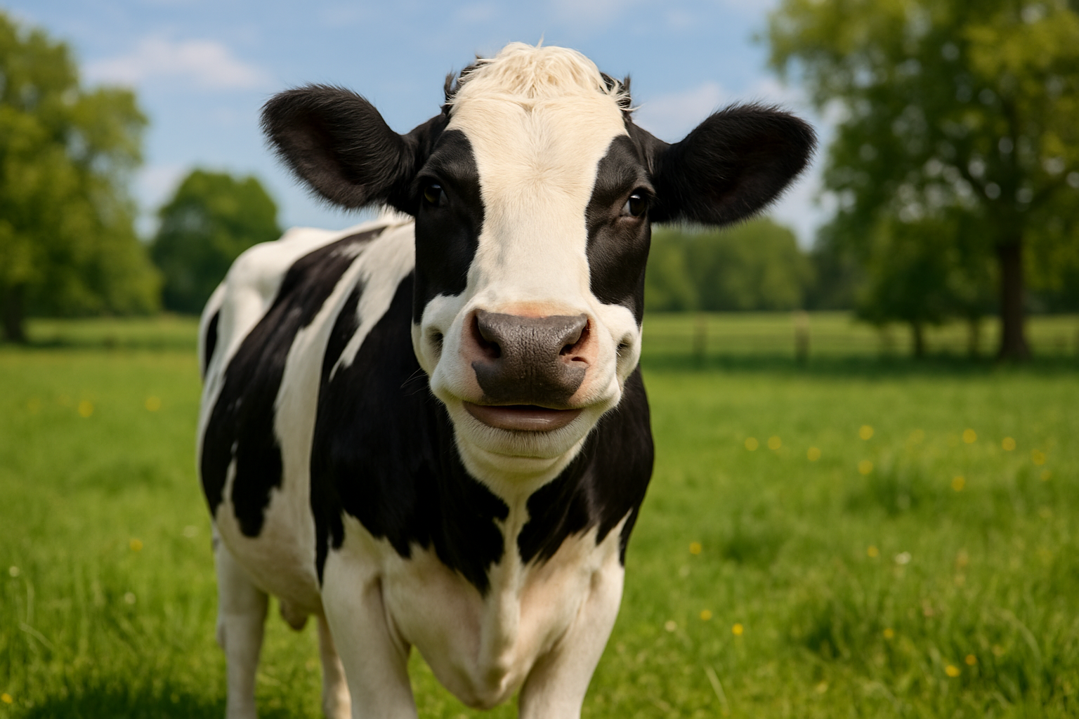 A small black and white cow that is smiling whilst stood in a field